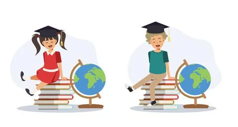 Studying Education concept, young student graduated, graduation hat,sitting o Illustrazione stock