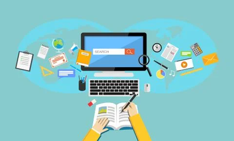 Studying. Flat design illustration of online education or e-learning. Stock Illustration