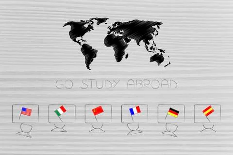 Studying foreign languages students desks with country flags on them and worl Stock Illustration
