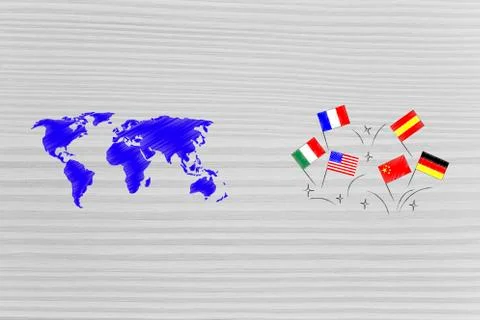 Studying foreign languages world map next to country's flags Stock Illustration