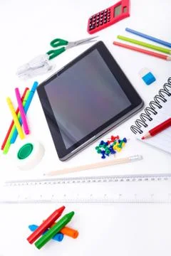 Studying at home doing homework using the tablet. Foto stock