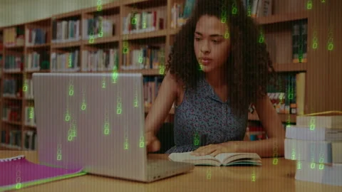 Studying in library, woman using laptop and book with binary code animation Stock Footage 303878070