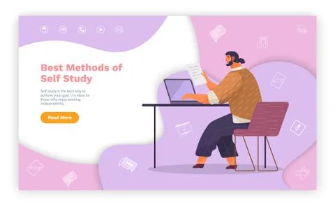 Studying material in internet, best methods of self study, man sitting at table Stockillustratie