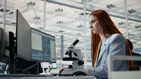 Studying microchip architecture, microscope and woman in office Stock Footage 335879212