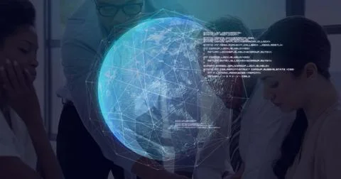 Studying network data business team leaning over conference table in office with Stock Photos