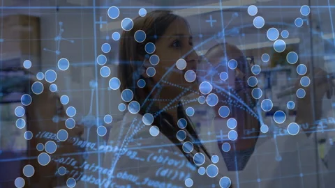 Studying node overlay on glass, lead scientist grabbing marker drawing network Video stock 311678508