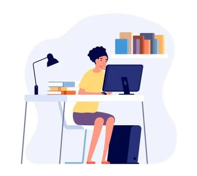 Studying process. Student reading at desk, online learning. Girl study homework Illustrazione stock