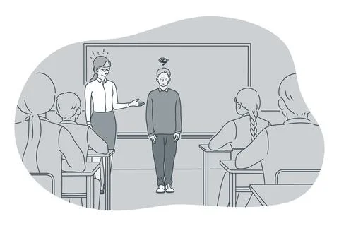 Studying in school, introducing, pupil and teacher concept Illustrazione stock