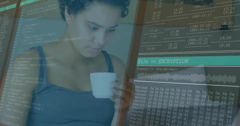 Studying software developer holding white coffee mug and debugging encryption Stock Photos