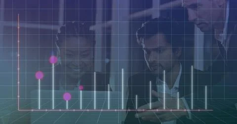 Studying team analyzing translucent 3D bar chart at office conference table, Stock Photos