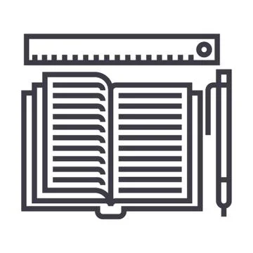 Studying,open book, pen, ruler vector line icon, sign, illustration on Illustrazione stock