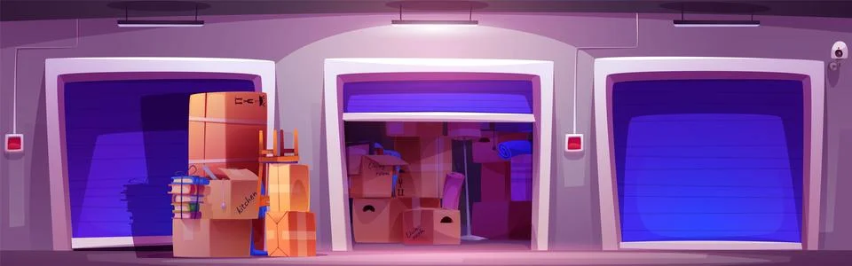 Stuff in cardboard boxes in self storage container Stock Illustration