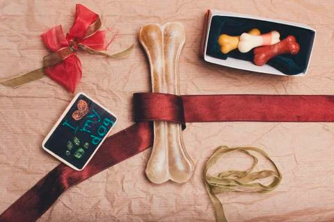 Stuff for creating a holiday present for dog Foto stock