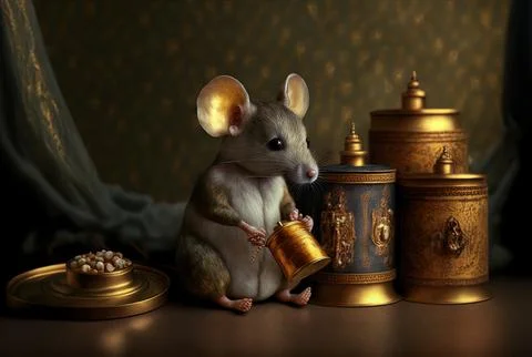 Stuffed animal mouse with golden containers. Generative AI Stock Illustration
