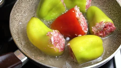 Stuffed Bell Pepper Recipe | Frying Pan Cooking Tutorial Stock Footage 273672124