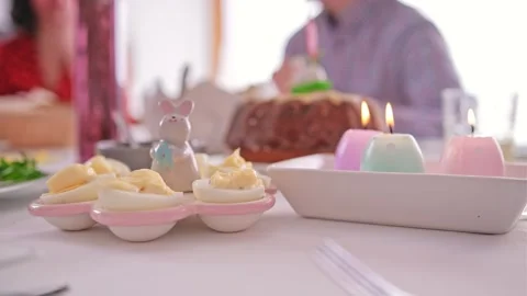 Stuffed Boiled Eggs with Mayonnaise Set on Table for Easter Family Dinner Stock Footage 272782330