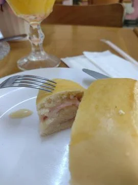 Stuffed bread and juice for breakfast Stock Photos