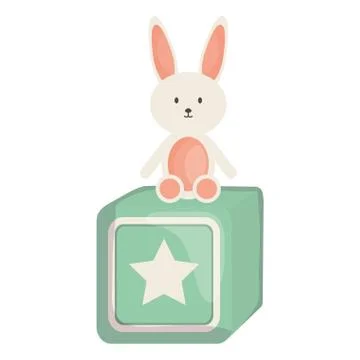 Stuffed bunny with cube block toy square frame and birthday elements vector Stock Illustration