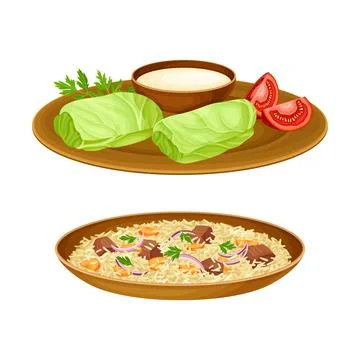 Stuffed Cabbage Leaf and Rice with Beef Meat as Egyptian Dish Vector Stock Illustration