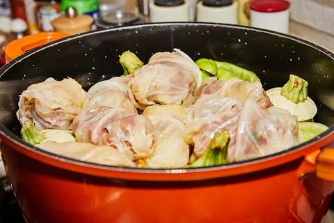 Stuffed cabbage rolls and stuffed tomatoes are cooked in saucepan on gas stov Stock Photos