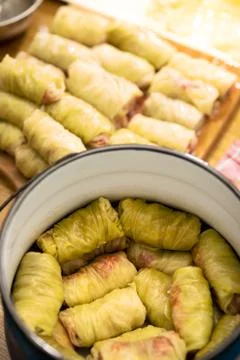 Stuffed cabbage rolls in a pot to be boiled Stock Photos
