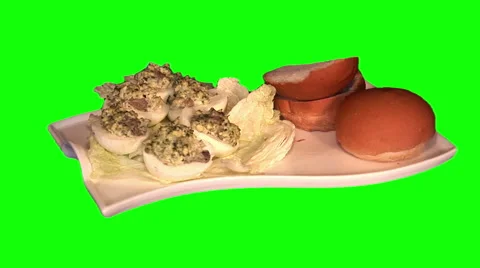 Stuffed eggs and rolls on tray 01 Stock Footage 48162137