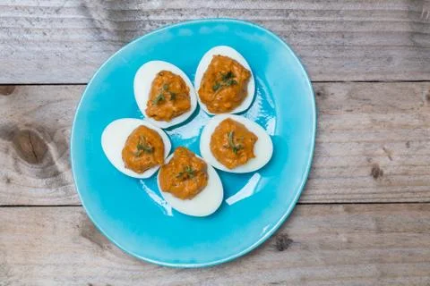 Stuffed eggs with cress on a plate 스톡 사진
