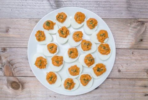 Stuffed eggs with cress on a plate Stock Photos