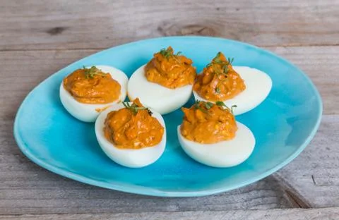 Stuffed eggs with cress on a plate Stock Photos