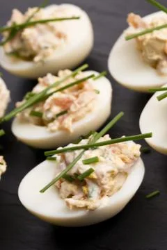 Stuffed eggs with salmon Stock Photos