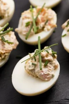Stuffed eggs with salmon Stock Photos