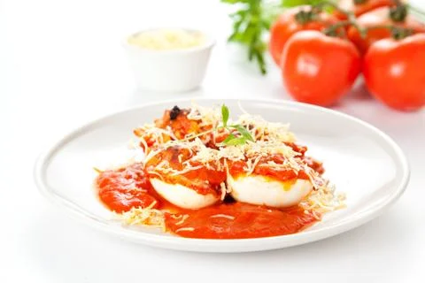 Stuffed eggs with tomato cheese Stock Photos
