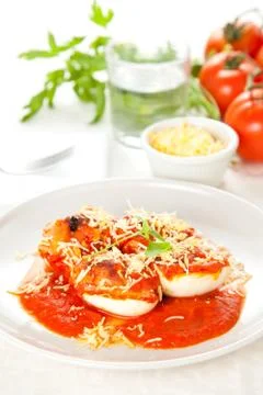 Stuffed eggs with tomato cheese Stock Photos
