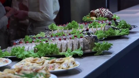 Stuffed fish in a restaurant. Stock Footage 76595903