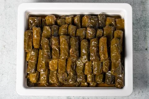 Stuffed grape leaves on gray background. Turkish cuisine delicacies. healthy  Stock Photos
