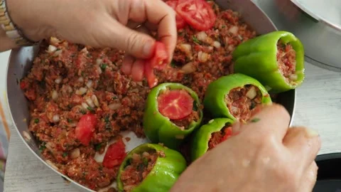Stuffed green bell peppers Stock Footage 138537742