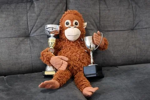 A stuffed monkey is sitting on a couch holding two cups and two trophies Stock Photos