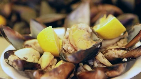 Stuffed Mussels with Lemon Stock Footage 55768415