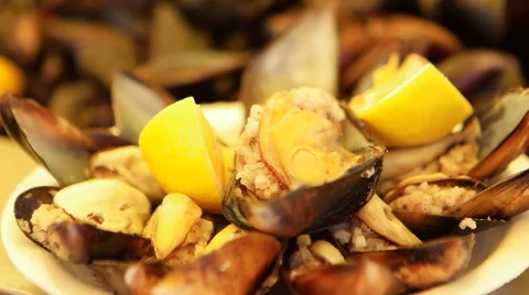Stuffed Mussels with Lemon Stock Footage 55768957