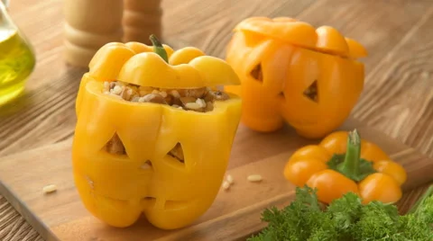 Stuffed orange pepper with meat, rice and vegetables. Stock Footage 66442543