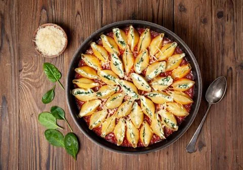 Stuffed pasta shells with spinach and ricotta Stock Photos