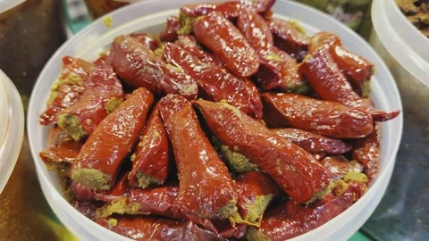 Stuffed Red Chilli Pickle Closeup Indian Achar Stock Footage 333377697