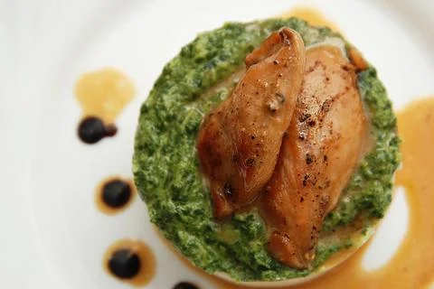 Stuffed roast chicken with mashed potatoes with sauce. Close up, Top View Stock Photos