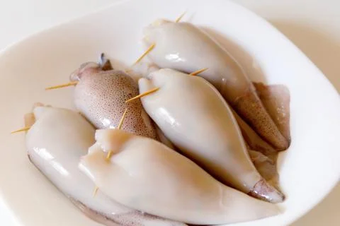 Stuffed squid prepared raw. Stock Photos