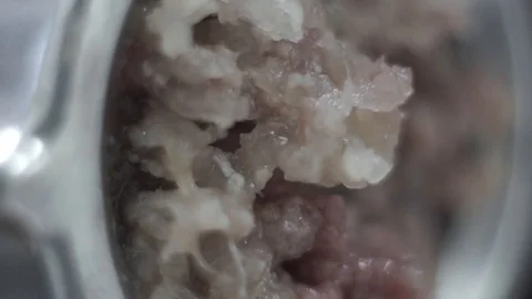 The stuffing comes out of the meat grinder. Close-up Stock Footage 106631248