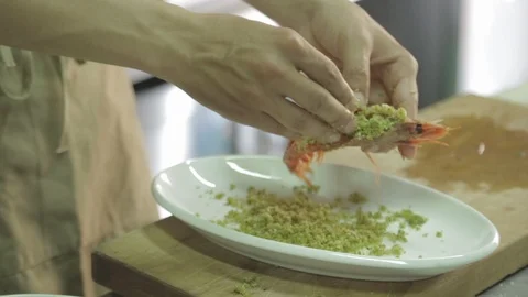 Stuffing shrimps with spices Stock Footage 88440787
