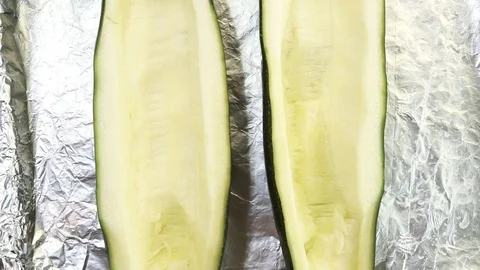 Stuffing squash boats overhead Stock Footage 119781150