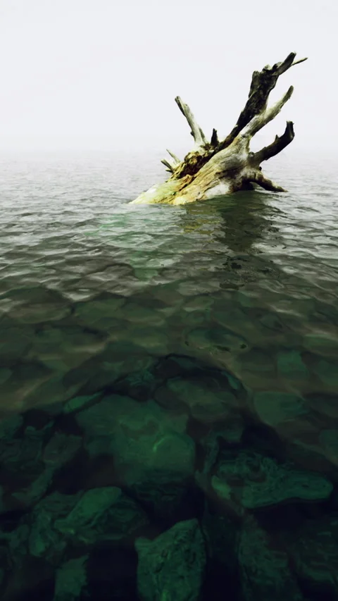 Stump emerging from tranquil water on an overcast day Stock Footage 327196402
