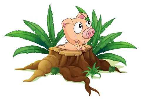 A stump with a fat pig Stock Illustration