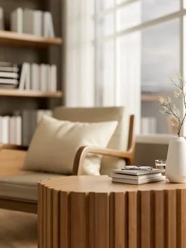 Stump shape wooden table and armchair with pillow in cafe or library and su.. Stock Illustration